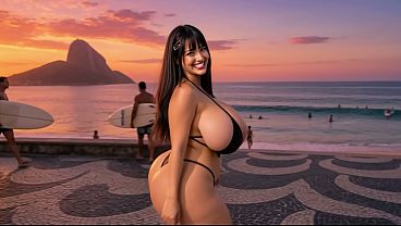 Big-boobed hottie with a round juicy ass posing by the Rio de Janeiro shoreline AI-generated